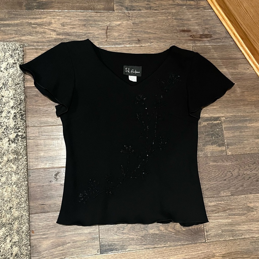 S.L Fashions Vintage 90s Black Beaded Shoulder Pad Blouse Size 10